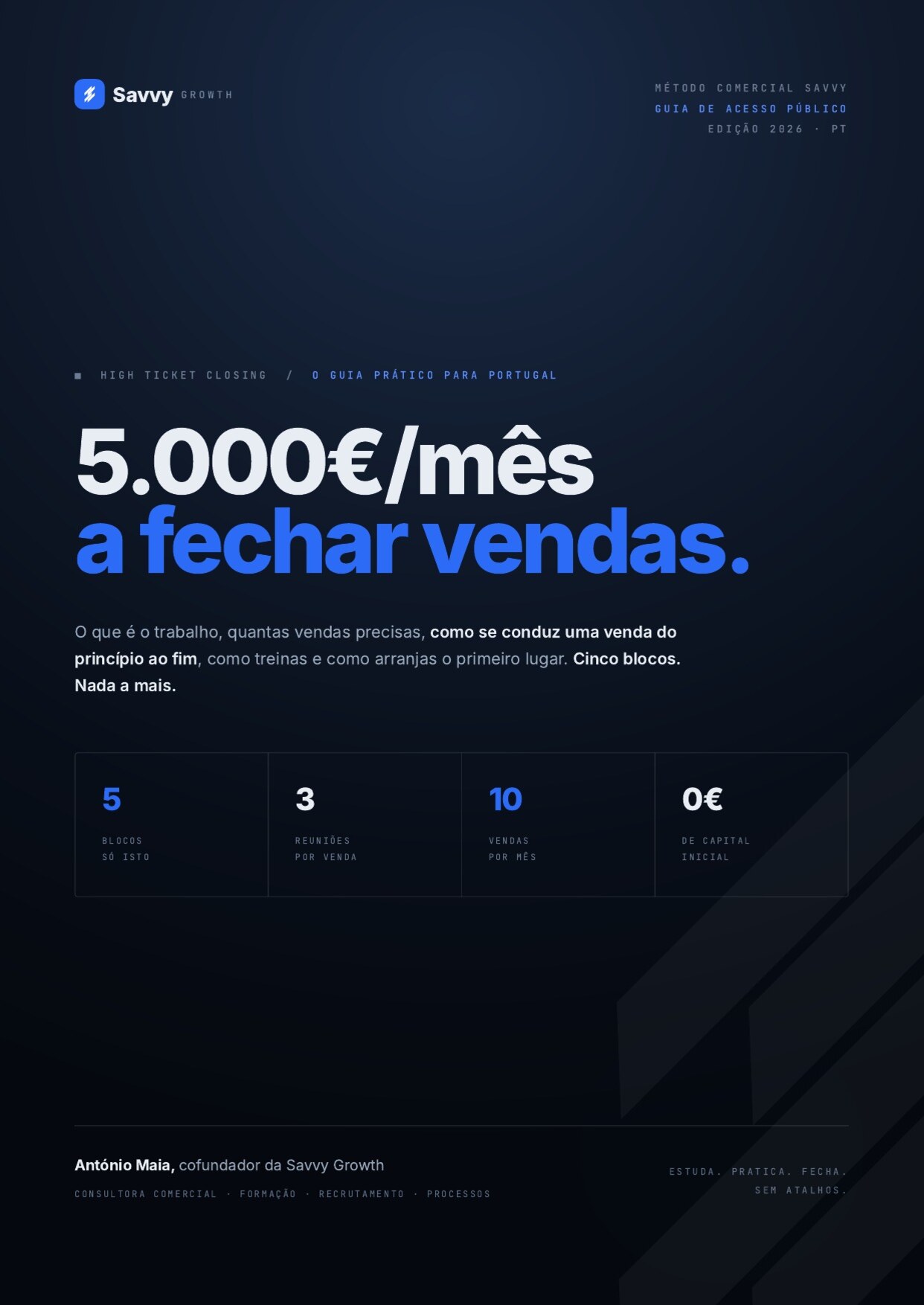 Capa do guia 5.000€/mês a fechar vendas da Savvy Growth: o guia prático de high ticket closing para Portugal.