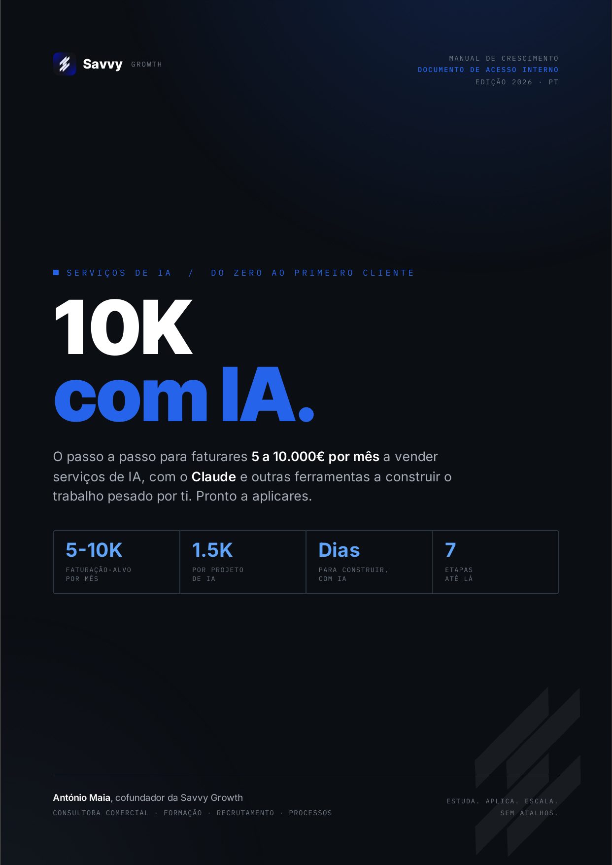 Capa do Manual da Agência de IA da Savvy Growth: 10K com IA, o passo a passo para faturar 5 a 10.000€ por mês a vender serviços de IA.