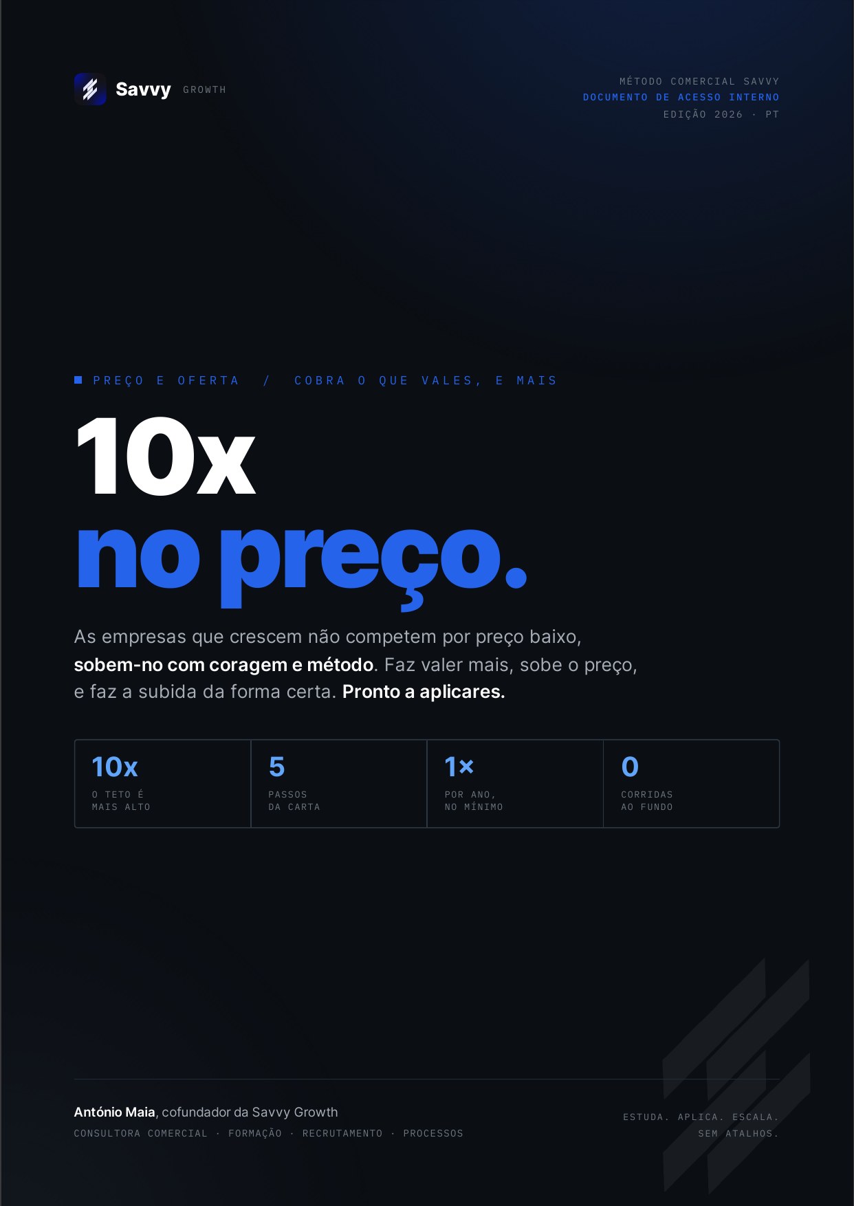 Capa do guia Preço 10x da Savvy Growth: 10x no preço, o método para cobrares o que o teu negócio realmente vale.